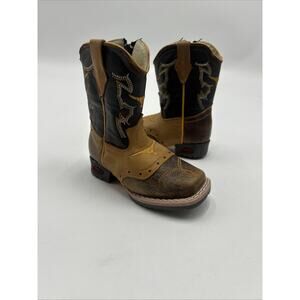 Bufalito Brown Leather Square Toe TODDLER Unisex Western Boots Size 2 TAN BROWN